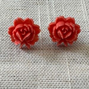 Vintage Celluloide Coral Rose Flower Silver Tone Stud Earrings..